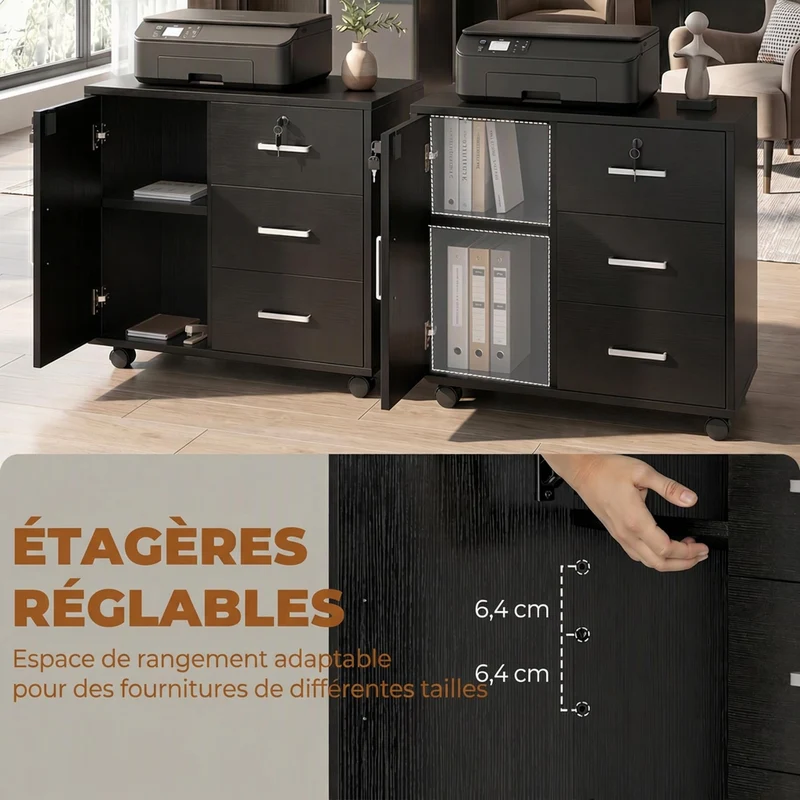 HOMCOM Abschließbarer Aktenschrank mit 3 Schubladen 40x60x56 cm Schwarz