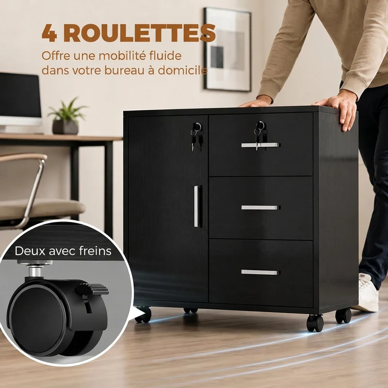 HOMCOM Abschließbarer Aktenschrank mit 3 Schubladen 40x60x56 cm Schwarz
