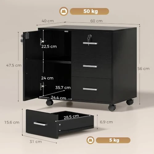 HOMCOM Abschließbarer Aktenschrank mit 3 Schubladen 40x60x56 cm Schwarz