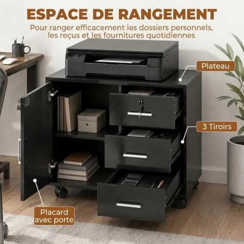 HOMCOM Abschließbarer Aktenschrank mit 3 Schubladen 40x60x56 cm Schwarz