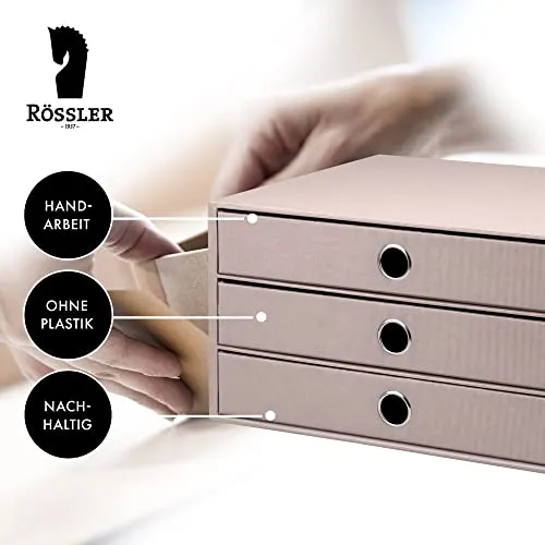 Rössler SOHO 3er Schubladenbox A4 aus Papier | Büro Organizer Schreibtisch| Schubladen Organizer Büro Zubehör & Bürobedarf | Schreibtisch Organizer Box | 34 x 25 x 19 cm | 1 Stück | Farbe: Powder