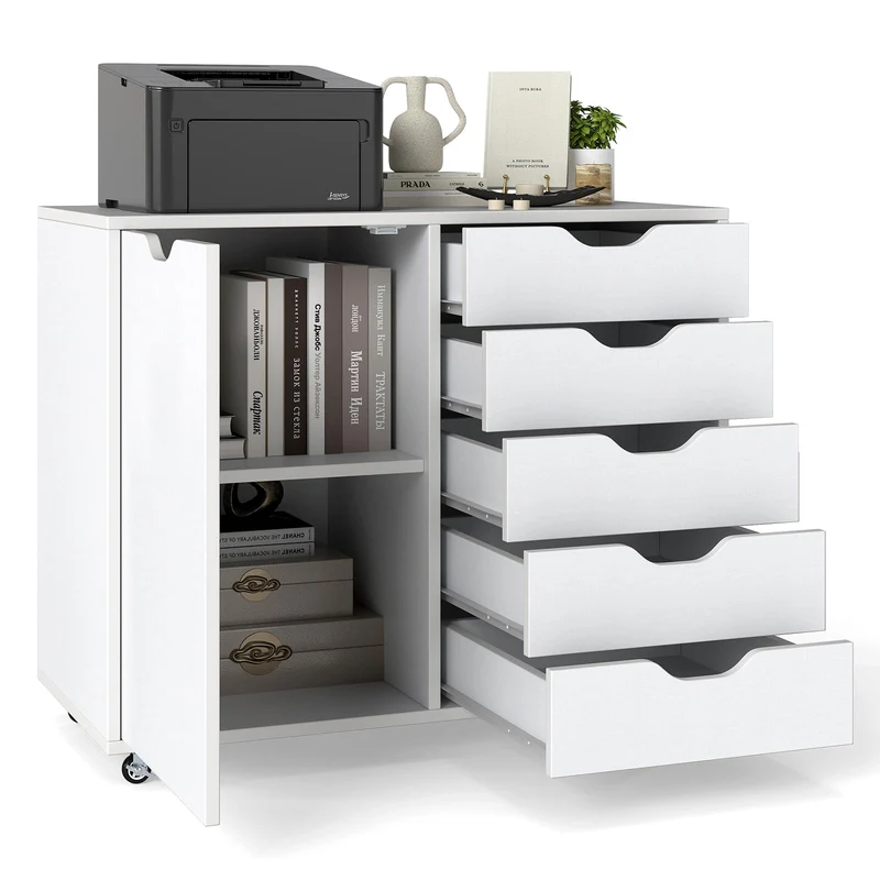 KOMFOTTEU Aktenschrank mit Rollen, Rollcontainer mit 5 Schubladen, Schubladenschrank Bürocontainer Druckertisch Holz, Bürowagen Bürocontainer weiß, 79x39x65 cm (Weiß)