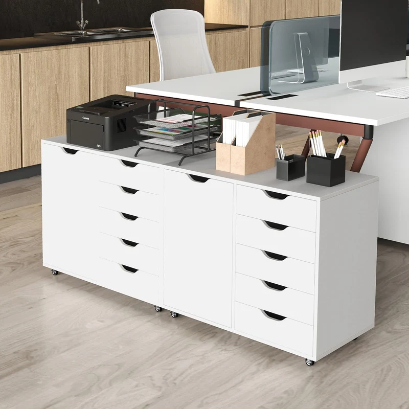 KOMFOTTEU Aktenschrank mit Rollen, Rollcontainer mit 5 Schubladen, Schubladenschrank Bürocontainer Druckertisch Holz, Bürowagen Bürocontainer weiß, 79x39x65 cm (Weiß)