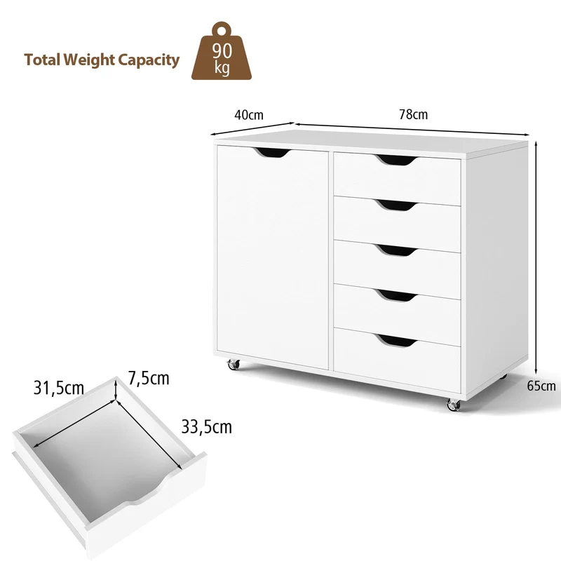 KOMFOTTEU Aktenschrank mit Rollen, Rollcontainer mit 5 Schubladen, Schubladenschrank Bürocontainer Druckertisch Holz, Bürowagen Bürocontainer weiß, 79x39x65 cm (Weiß)