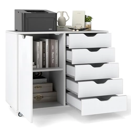 KOMFOTTEU Aktenschrank mit Rollen, Rollcontainer mit 5 Schubladen, Schubladenschrank Bürocontainer Druckertisch Holz, Bürowagen Bürocontainer weiß, 79x39x65 cm (Weiß)