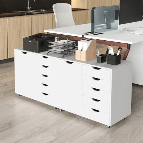 KOMFOTTEU Aktenschrank mit Rollen, Rollcontainer mit 5 Schubladen, Schubladenschrank Bürocontainer Druckertisch Holz, Bürowagen Bürocontainer weiß, 79x39x65 cm (Weiß)