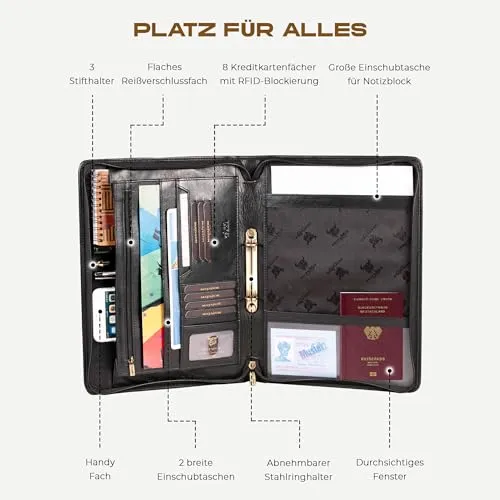 MATADOR Konferenzmappe A4 „Barcelona“ | ECHT Leder Schreibmappe mit YKK Reißverschluss & Tabletfach | Dokumentenmappe DIN A4 mit RFID/NFC Schutz | Ringbuch-Mappe Aktenmappe in Nappa Schwarz