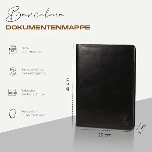MATADOR Konferenzmappe A4 „Barcelona“ | ECHT Leder Schreibmappe mit YKK Reißverschluss & Tabletfach | Dokumentenmappe DIN A4 mit RFID/NFC Schutz | Ringbuch-Mappe Aktenmappe in Nappa Schwarz