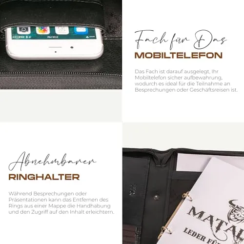MATADOR Konferenzmappe A4 „Barcelona“ | ECHT Leder Schreibmappe mit YKK Reißverschluss & Tabletfach | Dokumentenmappe DIN A4 mit RFID/NFC Schutz | Ringbuch-Mappe Aktenmappe in Nappa Schwarz