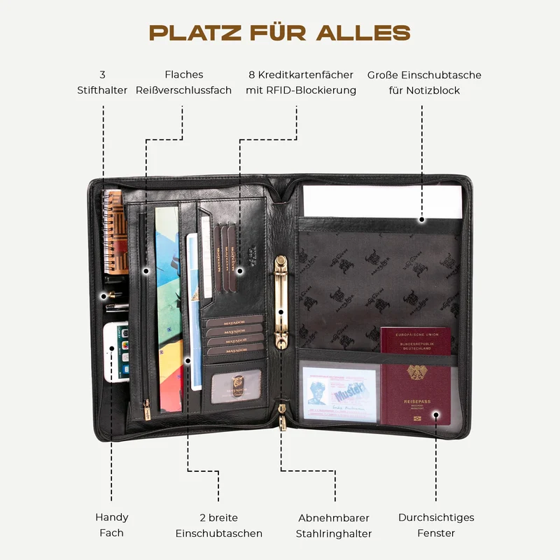 MATADOR Konferenzmappe A4 „Barcelona“ | ECHT Leder Schreibmappe mit YKK Reißverschluss & Tabletfach | Dokumentenmappe DIN A4 mit RFID/NFC Schutz | Ringbuch-Mappe Aktenmappe in Nappa Schwarz
