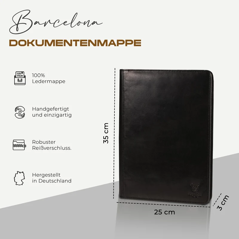 MATADOR Konferenzmappe A4 „Barcelona“ | ECHT Leder Schreibmappe mit YKK Reißverschluss & Tabletfach | Dokumentenmappe DIN A4 mit RFID/NFC Schutz | Ringbuch-Mappe Aktenmappe in Nappa Schwarz