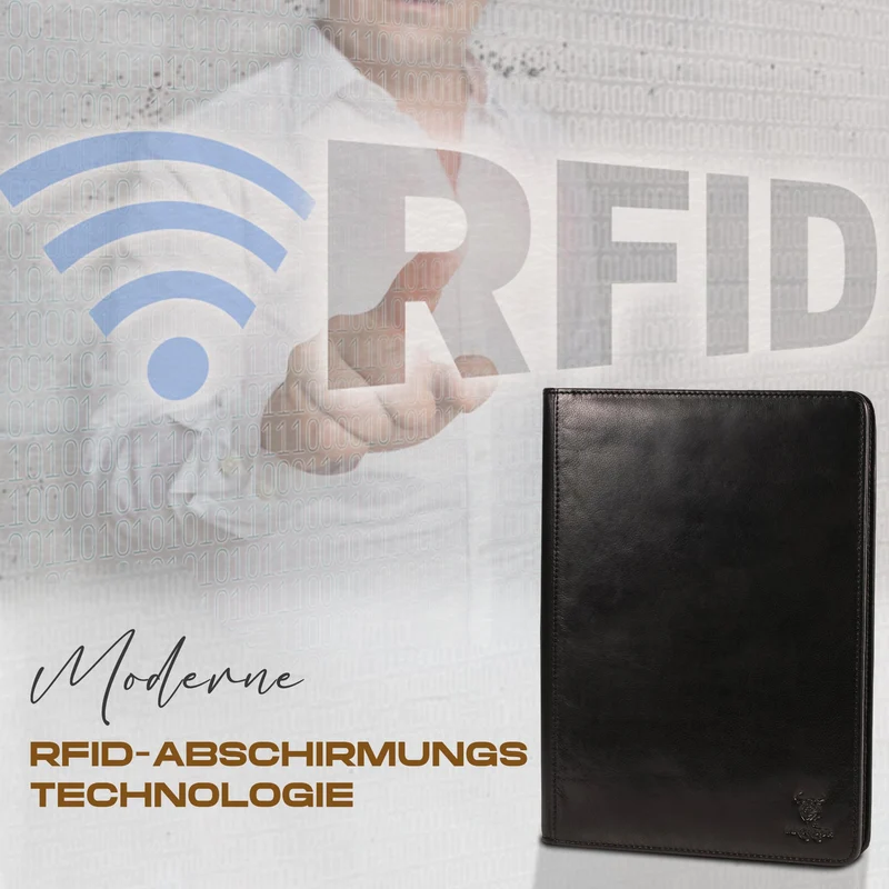 MATADOR Konferenzmappe A4 „Barcelona“ | ECHT Leder Schreibmappe mit YKK Reißverschluss & Tabletfach | Dokumentenmappe DIN A4 mit RFID/NFC Schutz | Ringbuch-Mappe Aktenmappe in Nappa Schwarz
