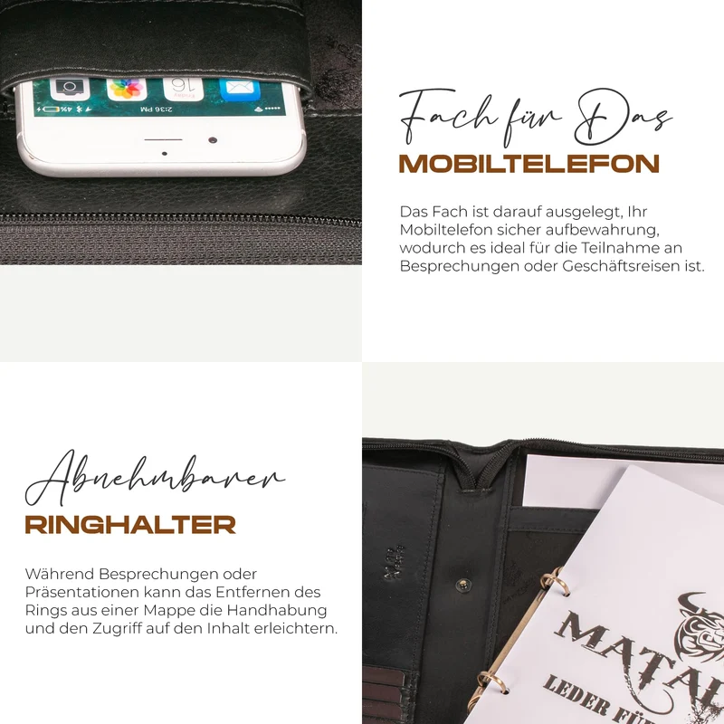 MATADOR Konferenzmappe A4 „Barcelona“ | ECHT Leder Schreibmappe mit YKK Reißverschluss & Tabletfach | Dokumentenmappe DIN A4 mit RFID/NFC Schutz | Ringbuch-Mappe Aktenmappe in Nappa Schwarz