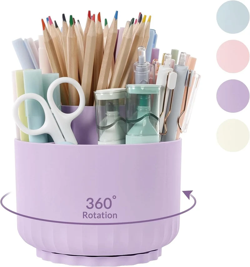 SKYDUE Schreibtisch Organizer, 360 Grad Stiftehalter Drehbar, Stifte Organizer Mit 5 Fächern, Stiftehalter Schreibtisch Für Büro, Schule, Zuhause(Helllila)