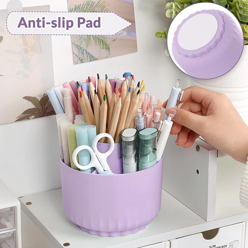 SKYDUE Schreibtisch Organizer, 360 Grad Stiftehalter Drehbar, Stifte Organizer Mit 5 Fächern, Stiftehalter Schreibtisch Für Büro, Schule, Zuhause(Helllila)