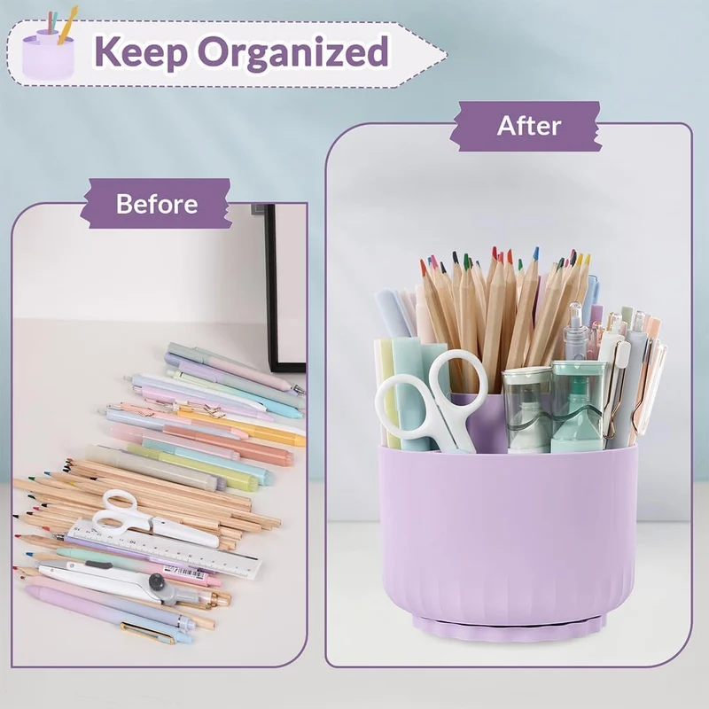 SKYDUE Schreibtisch Organizer, 360 Grad Stiftehalter Drehbar, Stifte Organizer Mit 5 Fächern, Stiftehalter Schreibtisch Für Büro, Schule, Zuhause(Helllila)