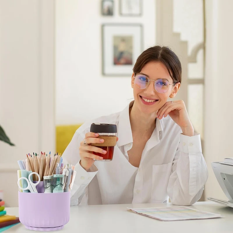 SKYDUE Schreibtisch Organizer, 360 Grad Stiftehalter Drehbar, Stifte Organizer Mit 5 Fächern, Stiftehalter Schreibtisch Für Büro, Schule, Zuhause(Helllila)