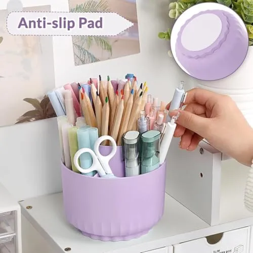 SKYDUE Schreibtisch Organizer, 360 Grad Stiftehalter Drehbar, Stifte Organizer Mit 5 Fächern, Stiftehalter Schreibtisch Für Büro, Schule, Zuhause(Helllila)