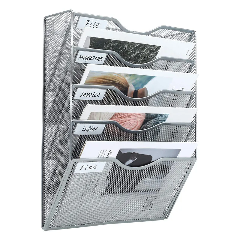 PAG Wandhalterung Dokumentenablage,Zeitschriftenhalter Wand, Wandorganizer Büro Zeitungshalter mit 5 Ebenen,für Zeitschriften/Brief/Zeitung/Notizbuch,Silberfarben