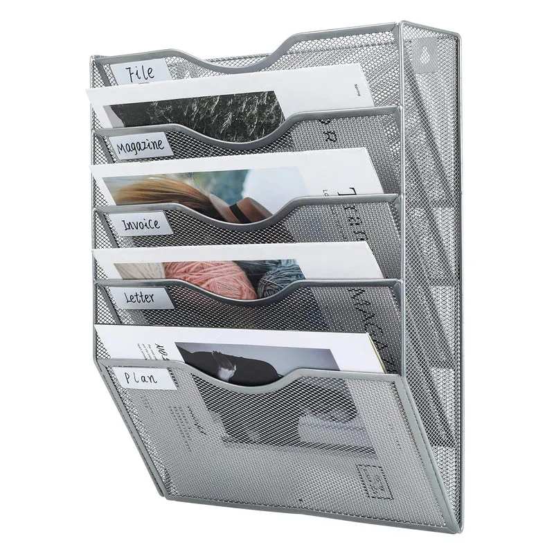 PAG Wandhalterung Dokumentenablage,Zeitschriftenhalter Wand, Wandorganizer Büro Zeitungshalter mit 5 Ebenen,für Zeitschriften/Brief/Zeitung/Notizbuch,Silberfarben