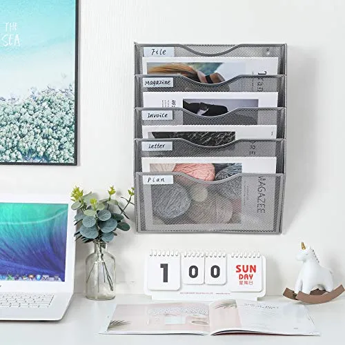 PAG Wandhalterung Dokumentenablage,Zeitschriftenhalter Wand, Wandorganizer Büro Zeitungshalter mit 5 Ebenen,für Zeitschriften/Brief/Zeitung/Notizbuch,Silberfarben