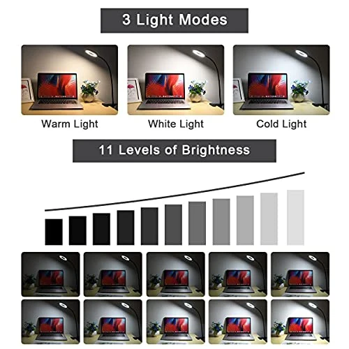 URAQT Leselampe Bett, Klemmlampe mit 3 Farbmodi & 11 Helligkeiten, Schwarz