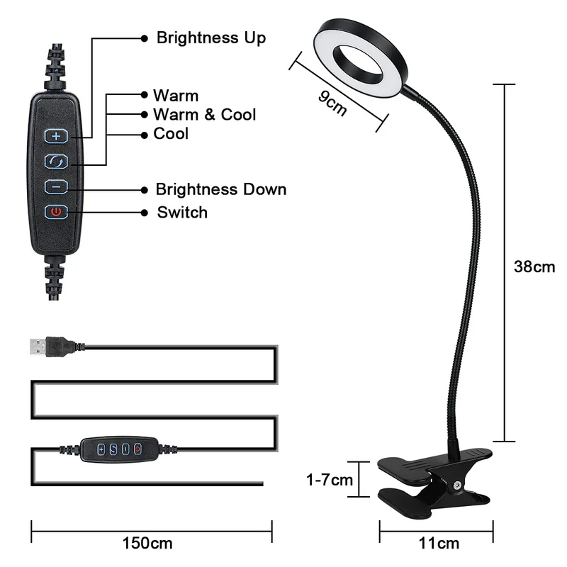 URAQT Leselampe Bett, Klemmlampe mit 3 Farbmodi & 11 Helligkeiten, Schwarz
