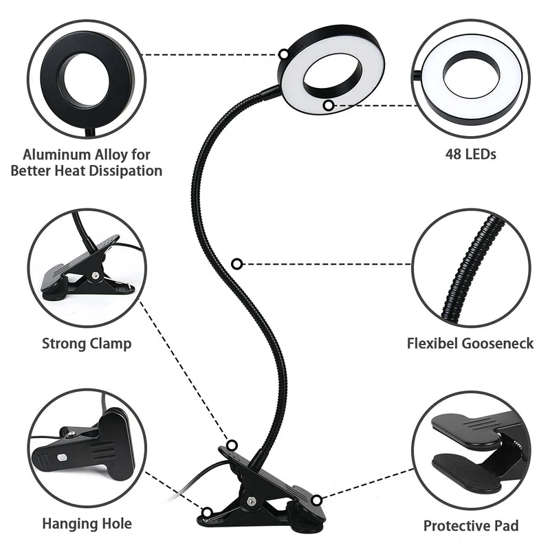 URAQT Leselampe Bett, Klemmlampe mit 3 Farbmodi & 11 Helligkeiten, Schwarz