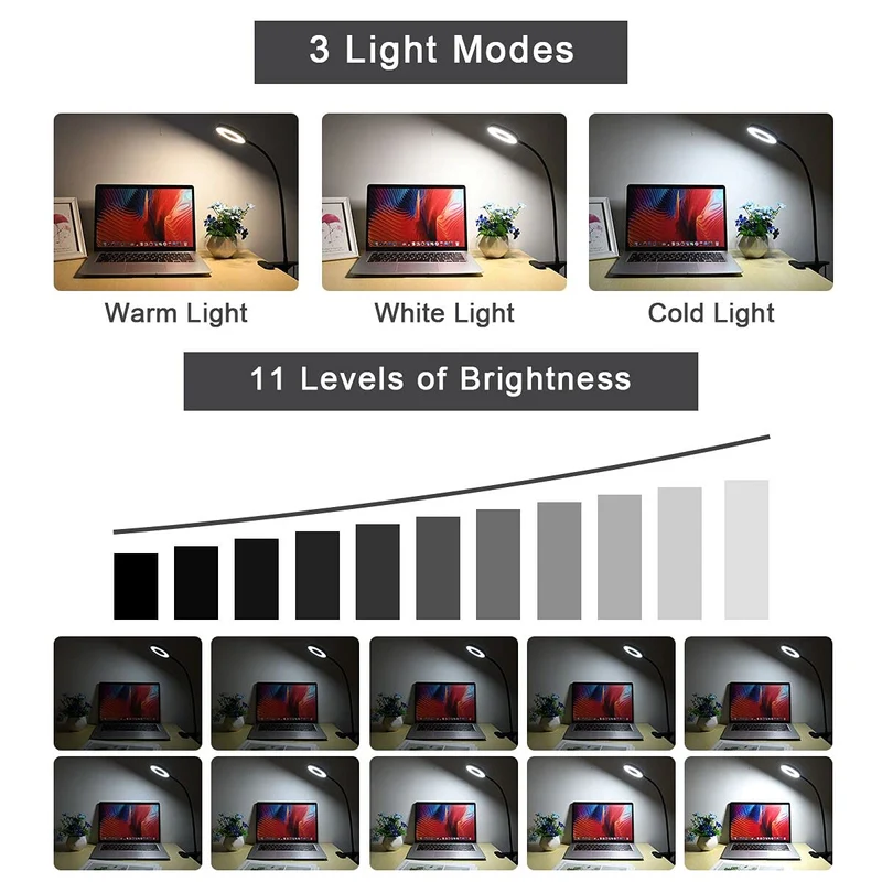 URAQT Leselampe Bett, Klemmlampe mit 3 Farbmodi & 11 Helligkeiten, Schwarz