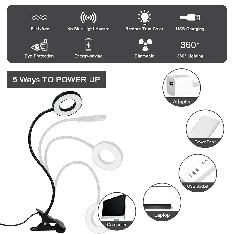 URAQT Leselampe Bett, Klemmlampe mit 3 Farbmodi & 11 Helligkeiten, Schwarz