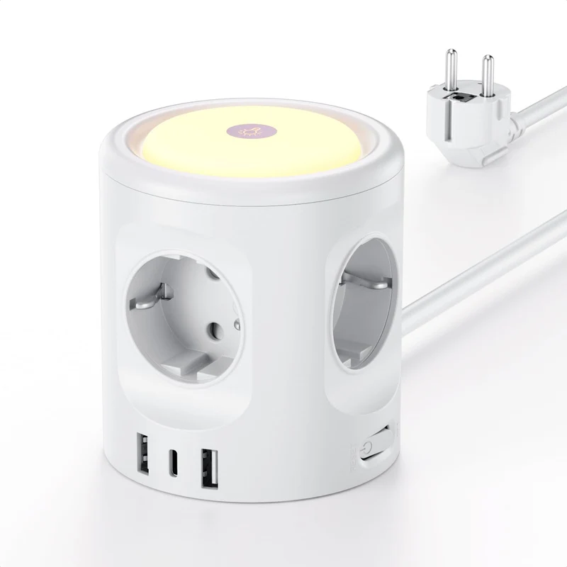 7 in 1 Steckdosenwürfel mit 3 USB,3680W Mehrfachsteckdose Mit Schalter, 4 Fach Steckdosenleiste mit Licht, Mehrfachstecker Überspannungsschutz USB Stecker Würfel Verlängerungskabel 2M für Büro,Weiß