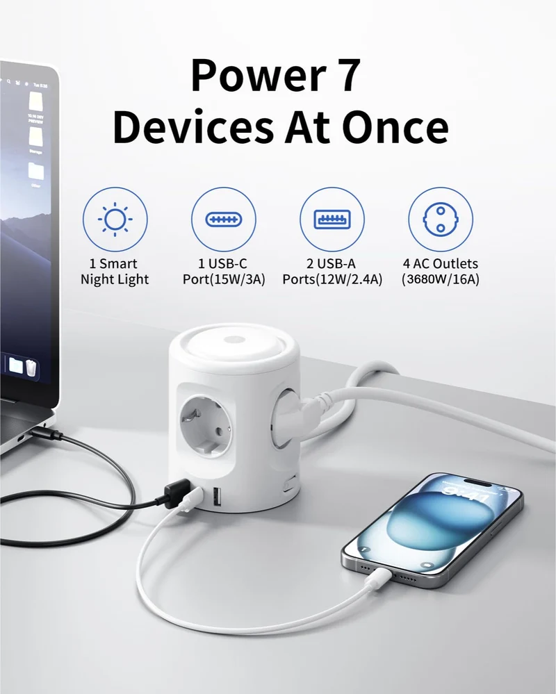 7 in 1 Steckdosenwürfel mit 3 USB,3680W Mehrfachsteckdose Mit Schalter, 4 Fach Steckdosenleiste mit Licht, Mehrfachstecker Überspannungsschutz USB Stecker Würfel Verlängerungskabel 2M für Büro,Weiß