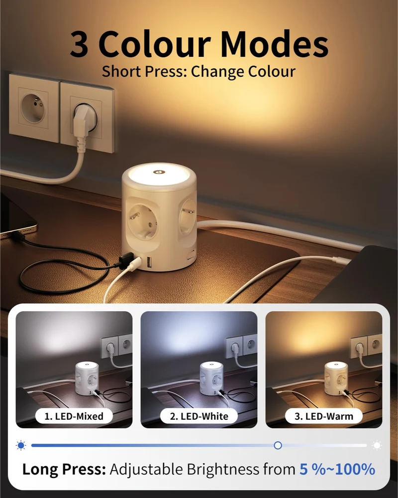 7 in 1 Steckdosenwürfel mit 3 USB,3680W Mehrfachsteckdose Mit Schalter, 4 Fach Steckdosenleiste mit Licht, Mehrfachstecker Überspannungsschutz USB Stecker Würfel Verlängerungskabel 2M für Büro,Weiß