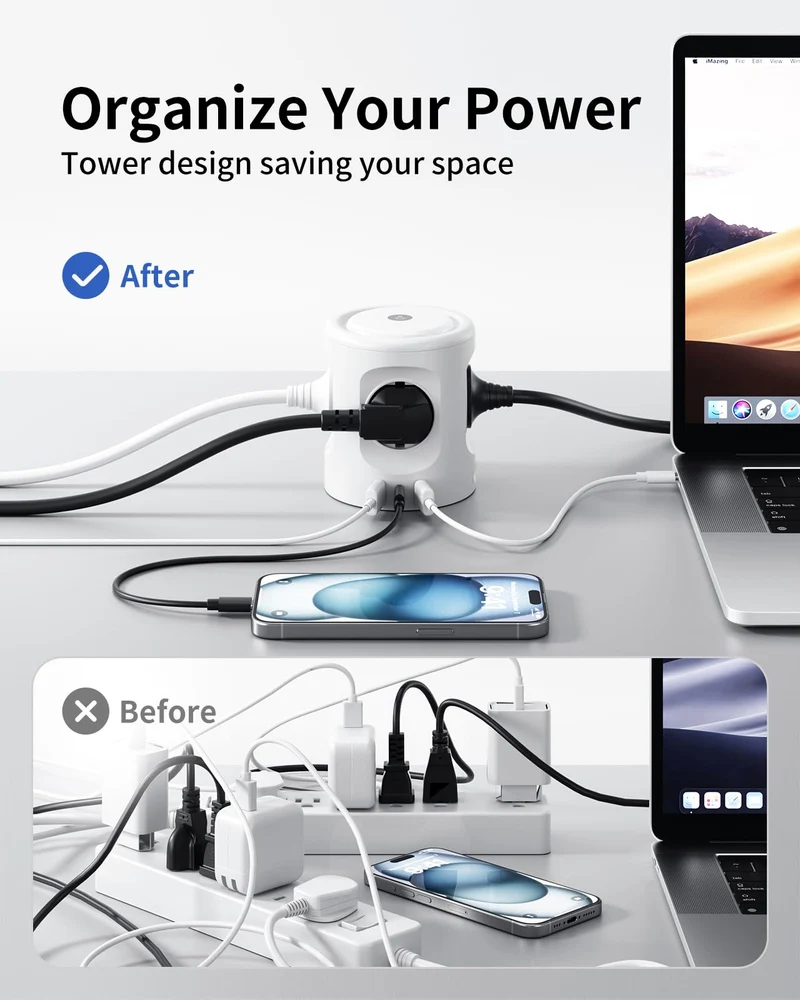 7 in 1 Steckdosenwürfel mit 3 USB,3680W Mehrfachsteckdose Mit Schalter, 4 Fach Steckdosenleiste mit Licht, Mehrfachstecker Überspannungsschutz USB Stecker Würfel Verlängerungskabel 2M für Büro,Weiß