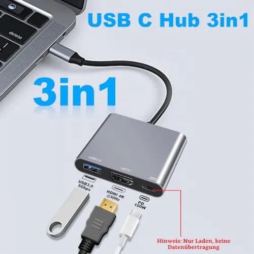 USB C auf HDMI Adapter, 4K HDMI 3-in-1 USBC Adapter with PD 100W & USB 3.0 5Gbps Port für MacBook Pro/Air, iPad, Laptop, Samsung, HP, Surface etc