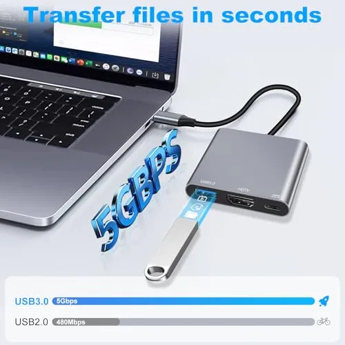 USB C auf HDMI Adapter, 4K HDMI 3-in-1 USBC Adapter with PD 100W & USB 3.0 5Gbps Port für MacBook Pro/Air, iPad, Laptop, Samsung, HP, Surface etc