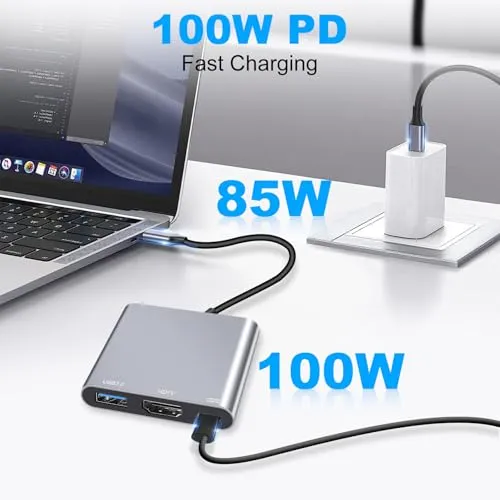 USB C auf HDMI Adapter, 4K HDMI 3-in-1 USBC Adapter with PD 100W & USB 3.0 5Gbps Port für MacBook Pro/Air, iPad, Laptop, Samsung, HP, Surface etc