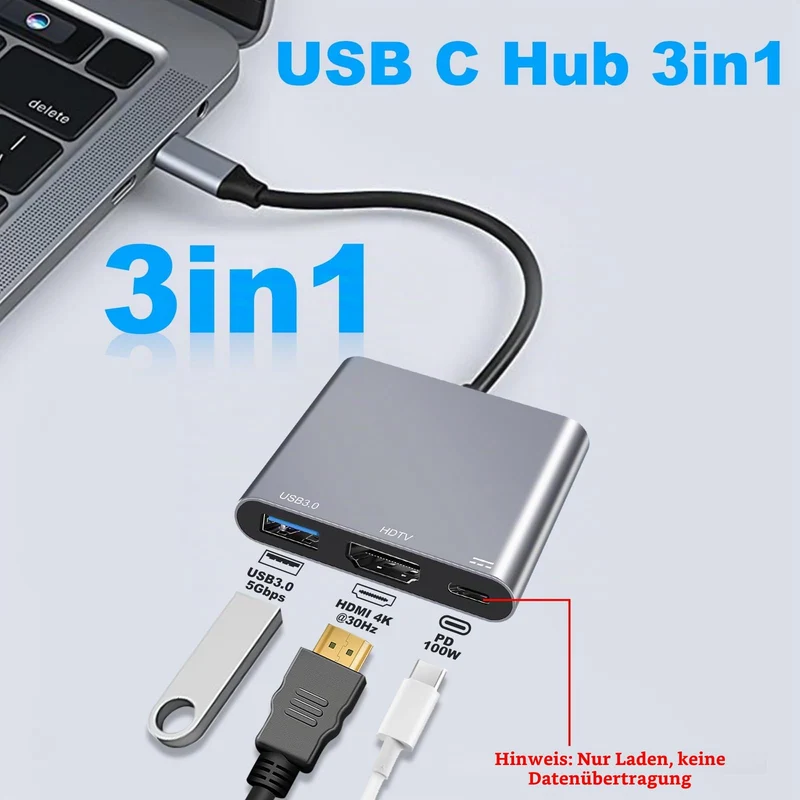 USB C auf HDMI Adapter, 4K HDMI 3-in-1 USBC Adapter with PD 100W & USB 3.0 5Gbps Port für MacBook Pro/Air, iPad, Laptop, Samsung, HP, Surface etc