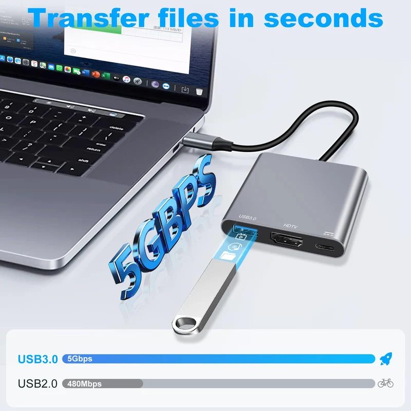 USB C auf HDMI Adapter, 4K HDMI 3-in-1 USBC Adapter with PD 100W & USB 3.0 5Gbps Port für MacBook Pro/Air, iPad, Laptop, Samsung, HP, Surface etc