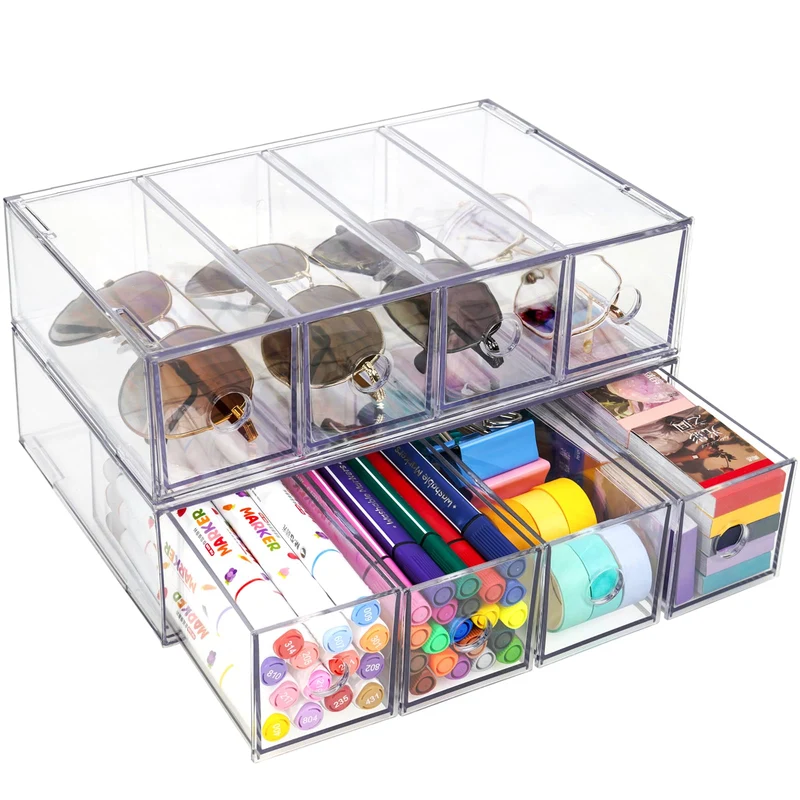 Schreibtisch Organizer mit 8 Schubladen, ToyaJeco Stapelbare Desktop Aufbewahrungsbox mit herausnehmbarer Schublade, Klar Brillenorganizer für Office Supplies Schreibwaren Markierungen Sonnenbrille