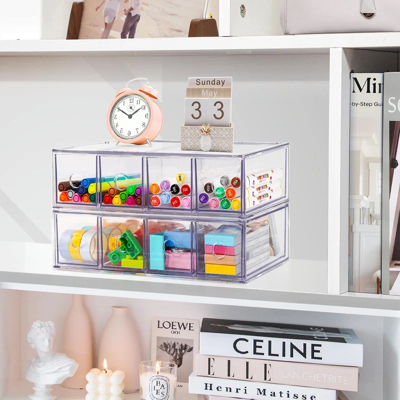 Schreibtisch Organizer mit 8 Schubladen, ToyaJeco Stapelbare Desktop Aufbewahrungsbox mit herausnehmbarer Schublade, Klar Brillenorganizer für Office Supplies Schreibwaren Markierungen Sonnenbrille