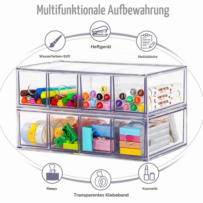 Schreibtisch Organizer mit 8 Schubladen, ToyaJeco Stapelbare Desktop Aufbewahrungsbox mit herausnehmbarer Schublade, Klar Brillenorganizer für Office Supplies Schreibwaren Markierungen Sonnenbrille