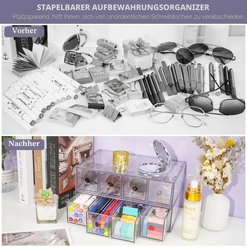 Schreibtisch Organizer mit 8 Schubladen, ToyaJeco Stapelbare Desktop Aufbewahrungsbox mit herausnehmbarer Schublade, Klar Brillenorganizer für Office Supplies Schreibwaren Markierungen Sonnenbrille