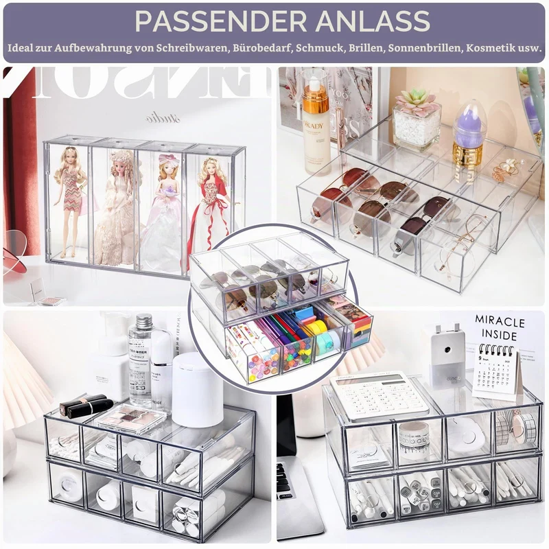 Schreibtisch Organizer mit 8 Schubladen, ToyaJeco Stapelbare Desktop Aufbewahrungsbox mit herausnehmbarer Schublade, Klar Brillenorganizer für Office Supplies Schreibwaren Markierungen Sonnenbrille