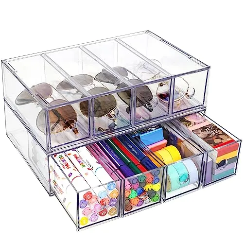 Schreibtisch Organizer mit 8 Schubladen, ToyaJeco Stapelbare Desktop Aufbewahrungsbox mit herausnehmbarer Schublade, Klar Brillenorganizer für Office Supplies Schreibwaren Markierungen Sonnenbrille