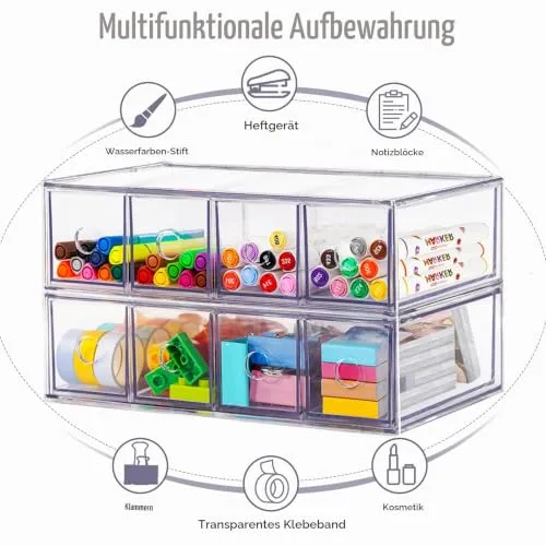 Schreibtisch Organizer mit 8 Schubladen, ToyaJeco Stapelbare Desktop Aufbewahrungsbox mit herausnehmbarer Schublade, Klar Brillenorganizer für Office Supplies Schreibwaren Markierungen Sonnenbrille