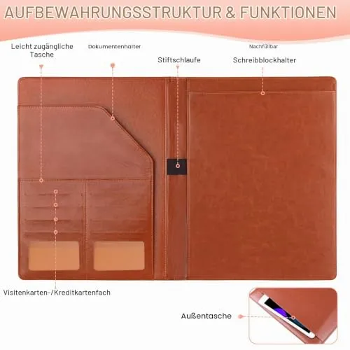 HAUTOCO A4 Schreibmappe, PU Leder Mappe mit Mehrere Kartensteckplätze