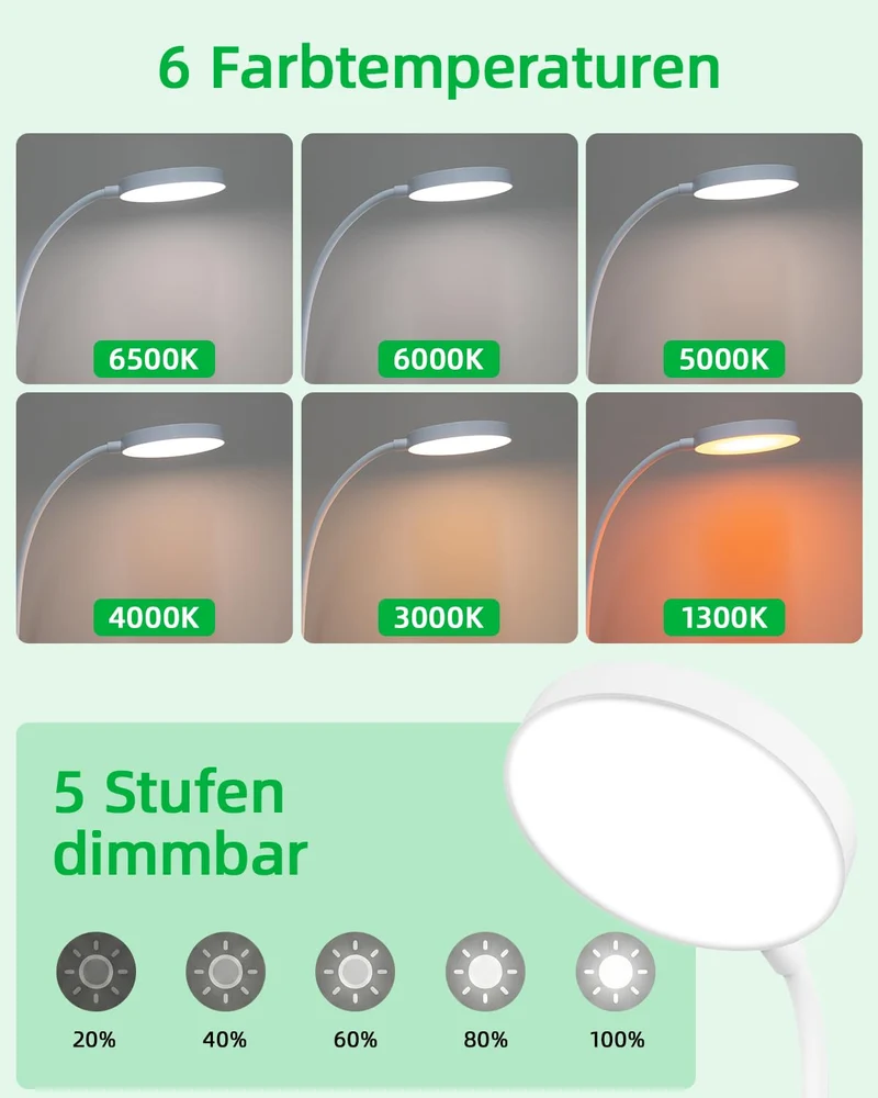 Akku Leselampe Bett mit Klemme, 36 LED Klemmleuchte, 6 Farbtemperaturen