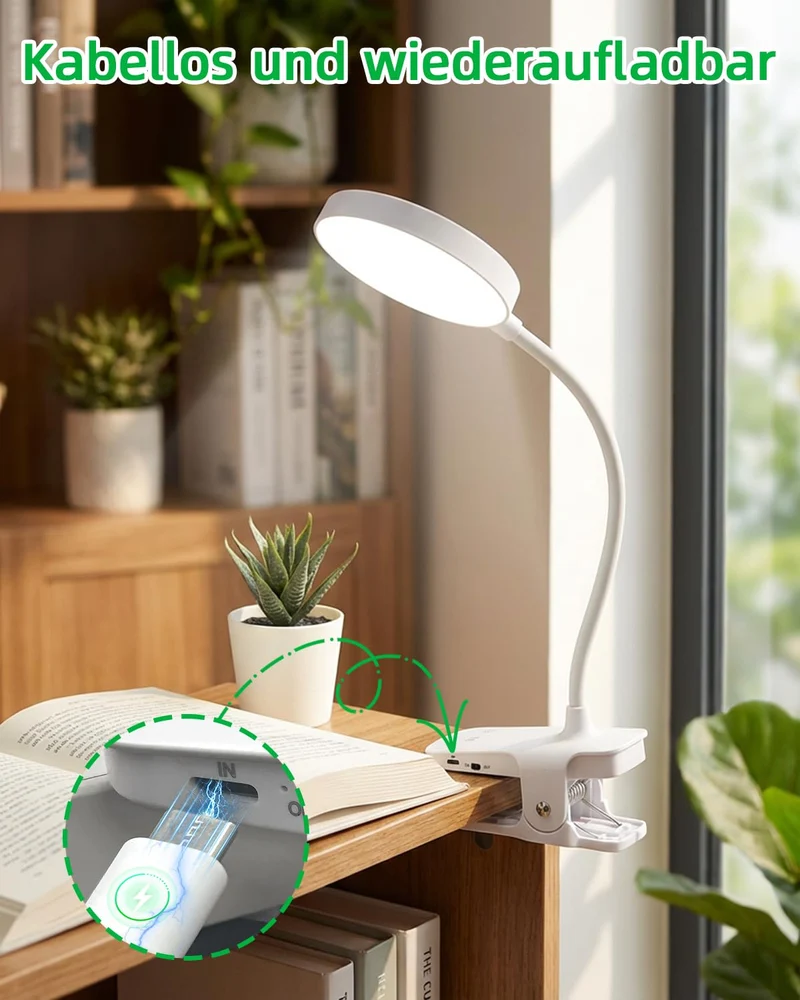 Akku Leselampe Bett mit Klemme, 36 LED Klemmleuchte, 6 Farbtemperaturen