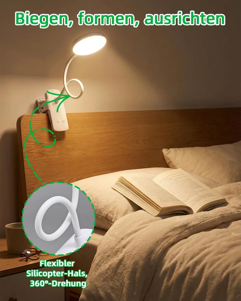 Akku Leselampe Bett mit Klemme, 36 LED Klemmleuchte, 6 Farbtemperaturen